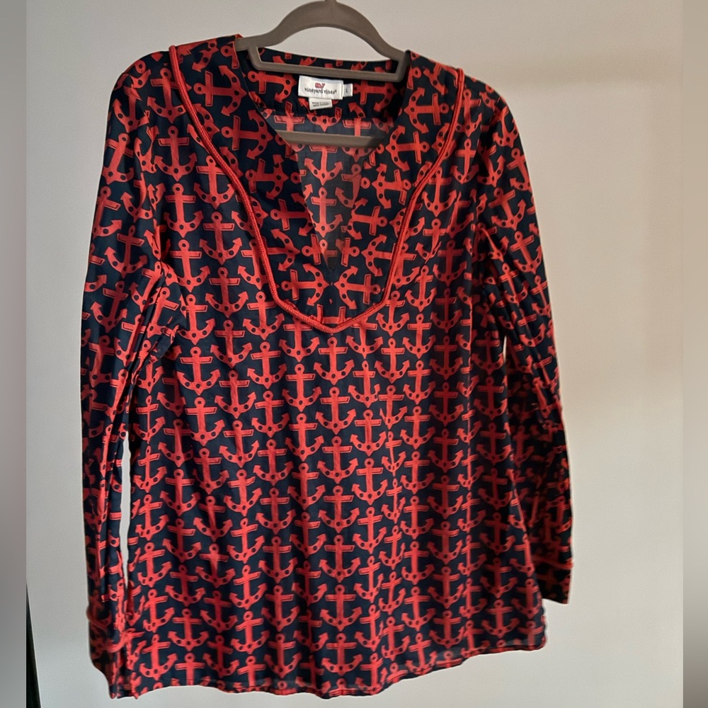 VINEYARD VINES Red and Navy Anchor Blouse - Size L